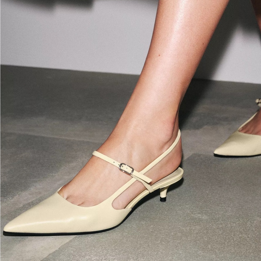 Zara Light Yellow Leather Kitten Heel Slingbacks